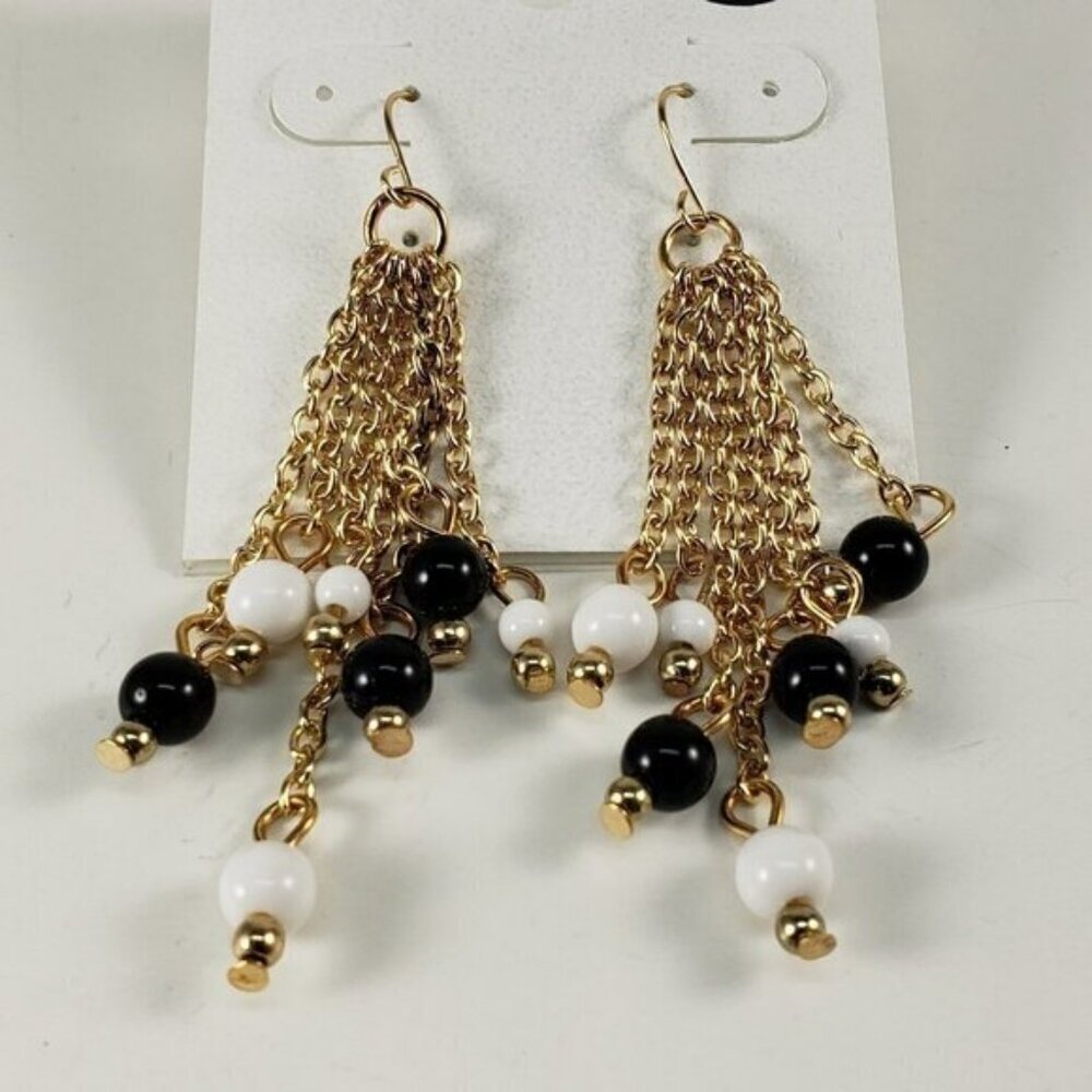 Gold-tone, Black & White Beads Chandelier Earrings
